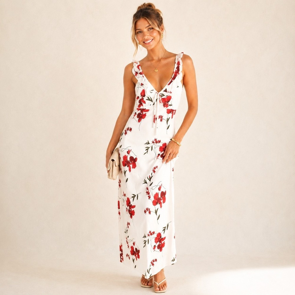 Y2K Donna Ricco Sz‎ 4 Babydoll Bias Cut Tropical Floral Empire Waist Maxi Dress